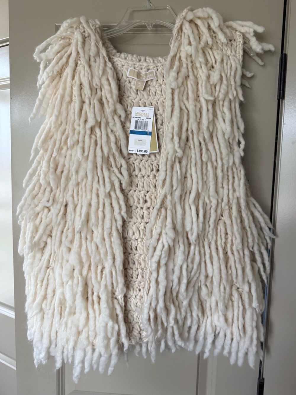 Michael Kors Cream Chunky Knit Fringe Vest w/Hood